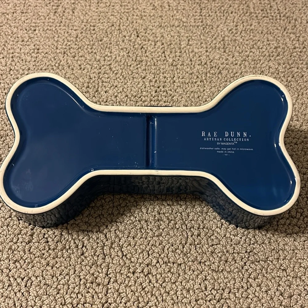 Rae Dunn Ceramic Marine Blue Patriotic Pooch Dog Bone Shaped Divided Dog Bowl